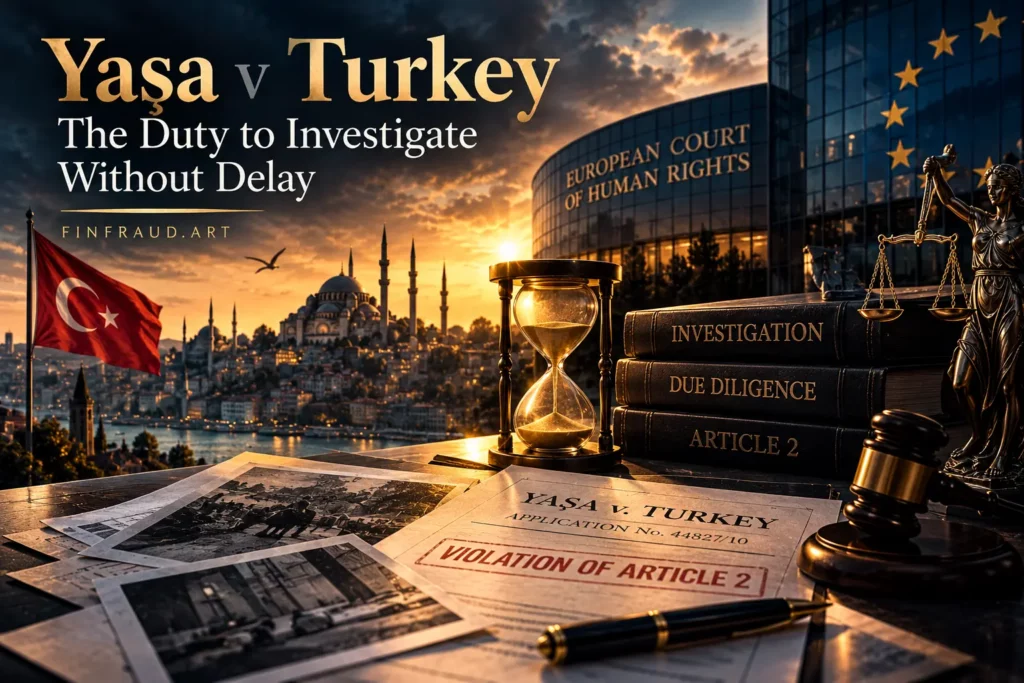 Editorial feature image for Yaşa v Turkey, illustrating the duty to investigate without delay through legal documents, an hourglass and symbols of justice in Istanbul